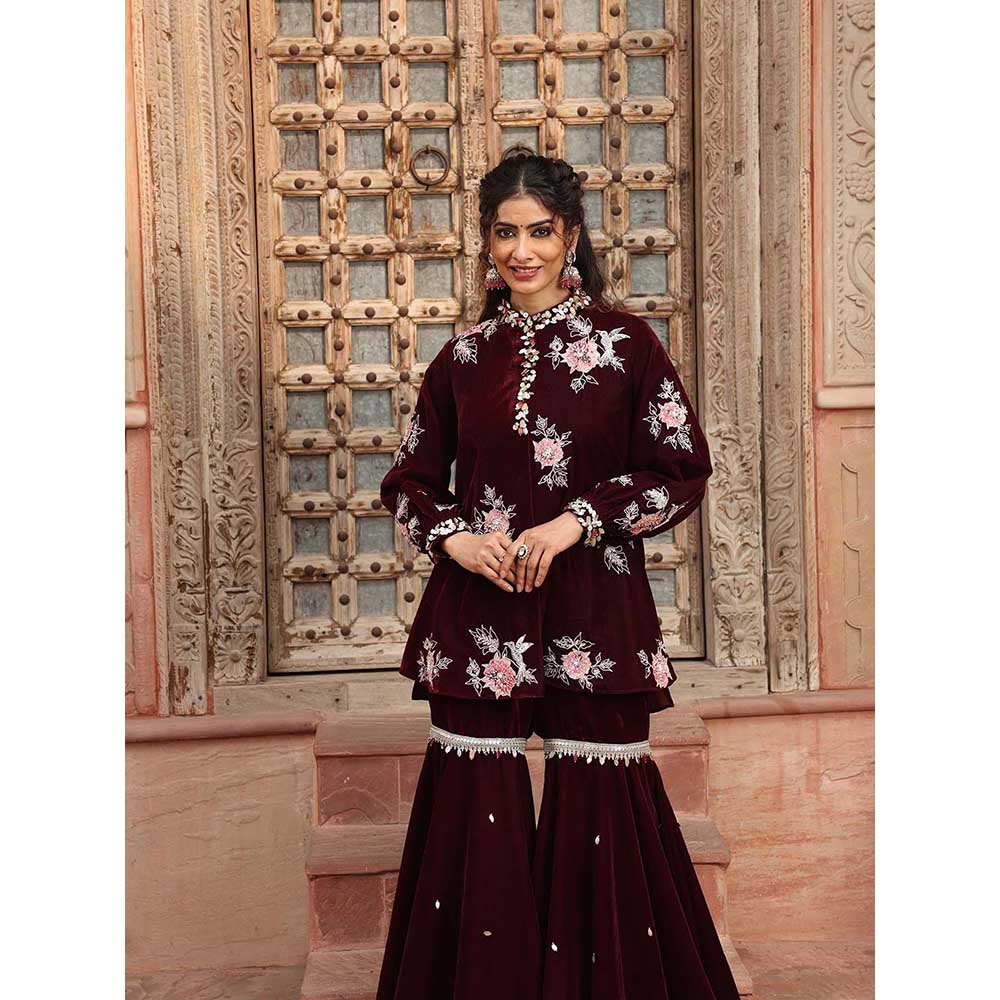 Ajiesh Oberoi Wine Peplum Top with Sharara (Set of 2)