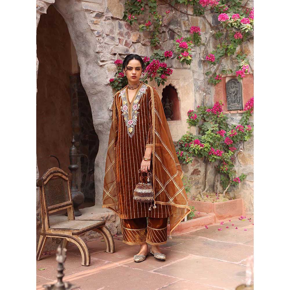 Ajiesh Oberoi Honey Gold Kurta with Palazzo and Dupatta (Set of 3)