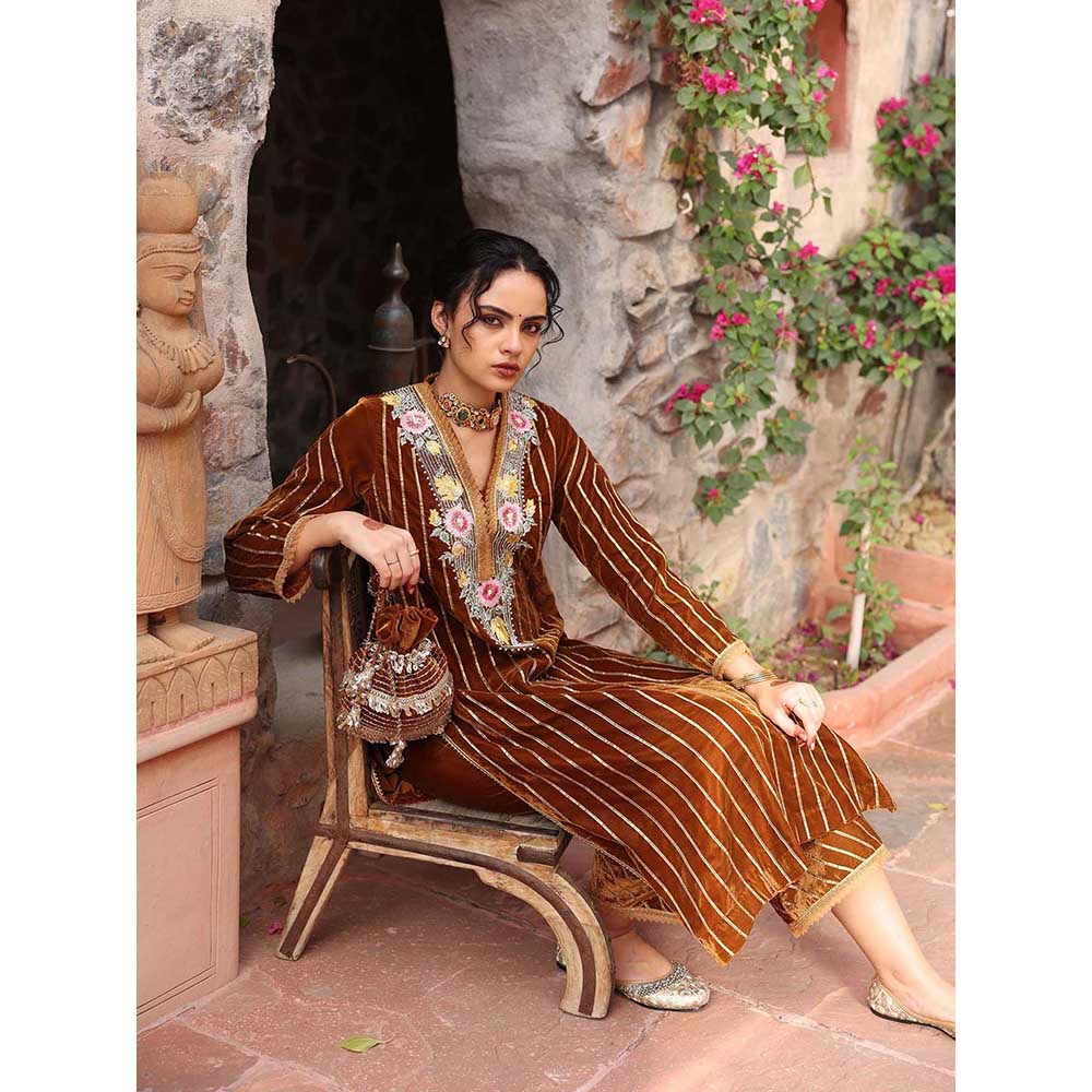 Ajiesh Oberoi Honey Gold Kurta with Palazzo and Dupatta (Set of 3)