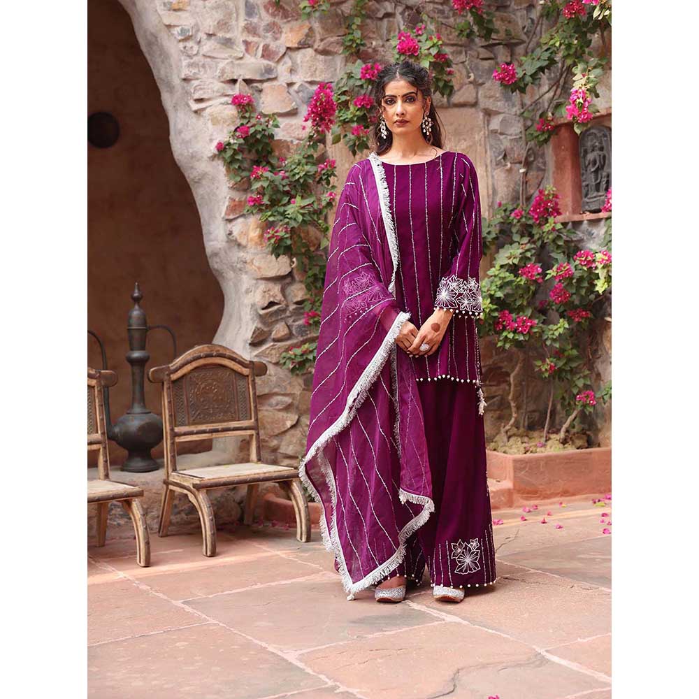 Ajiesh Oberoi Purple Kurta with Palazzo and Dupatta (Set of 3)