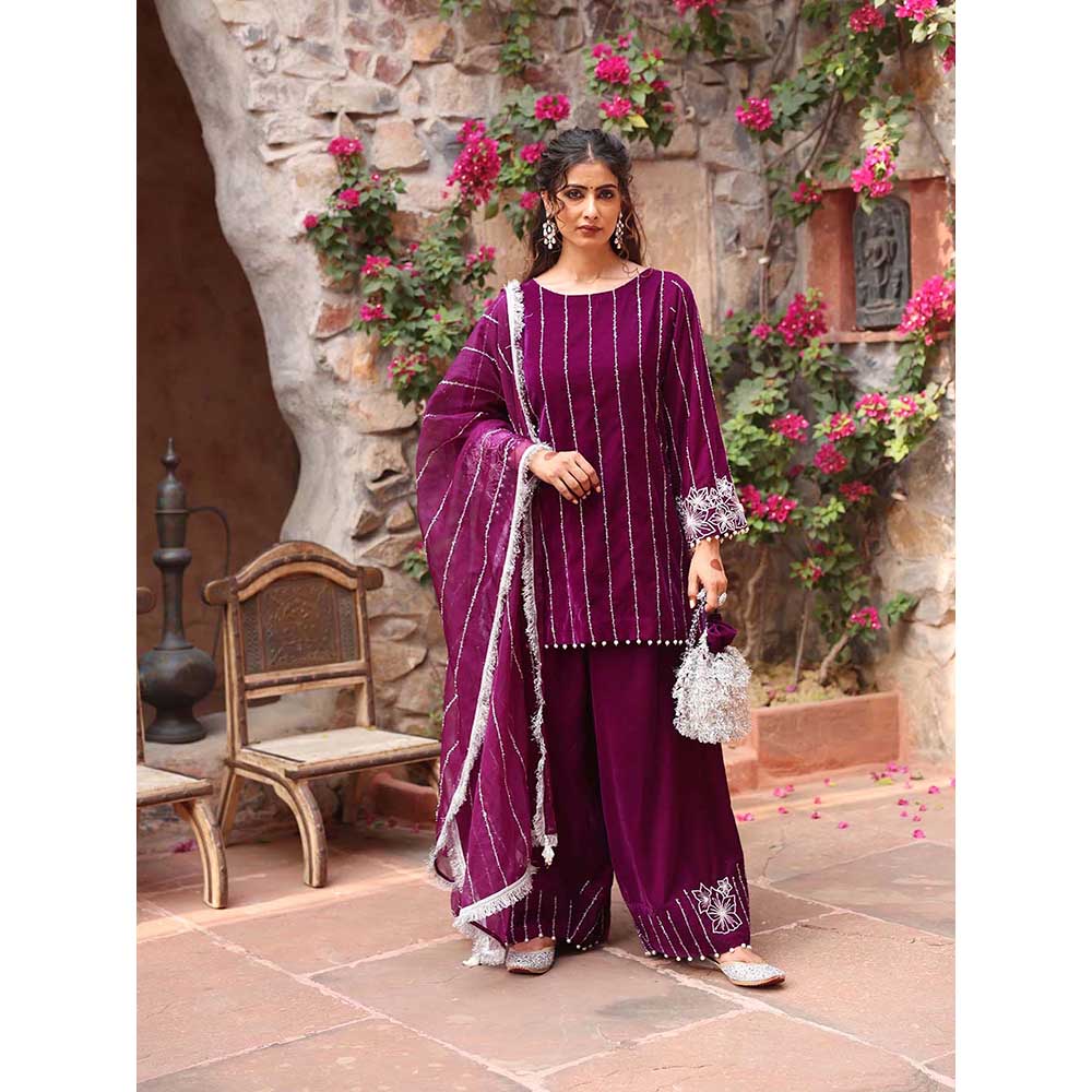 Ajiesh Oberoi Purple Kurta with Palazzo and Dupatta (Set of 3)