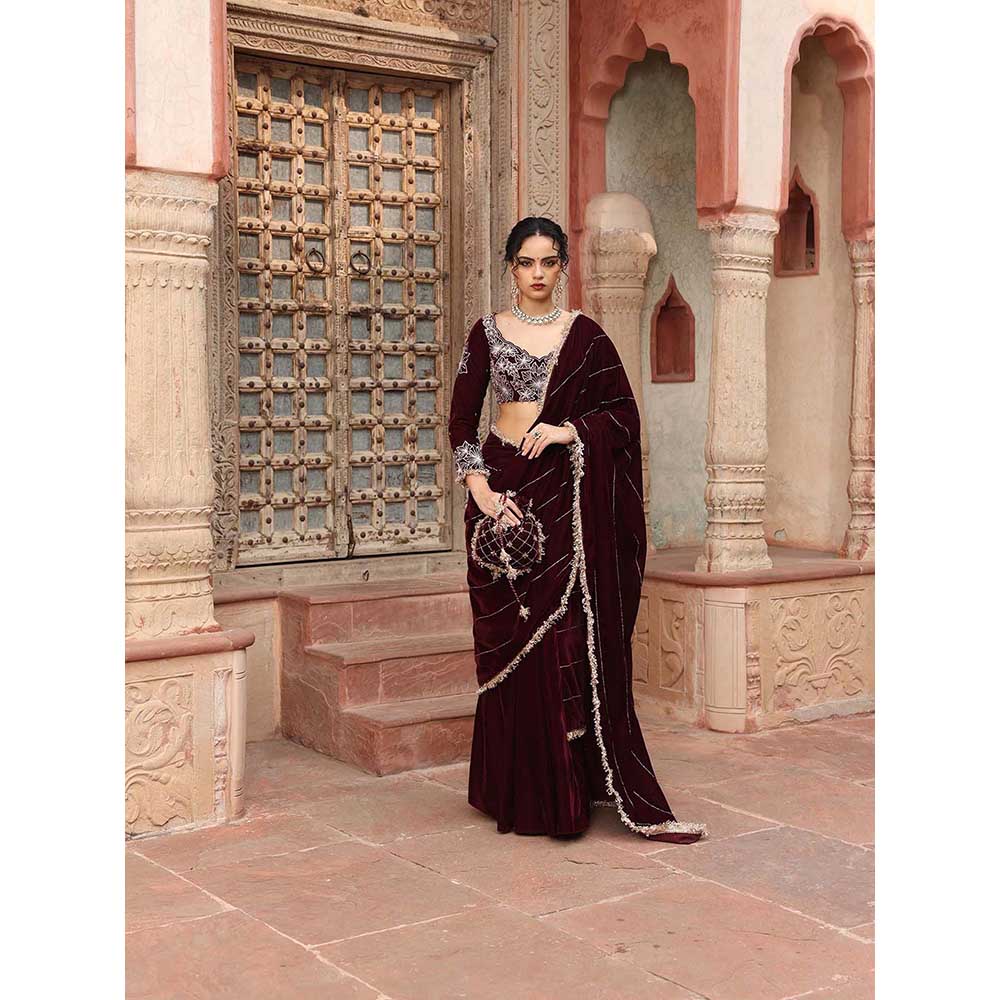 Ajiesh Oberoi Wine Pre-Draped Saree with Stitched Blouse