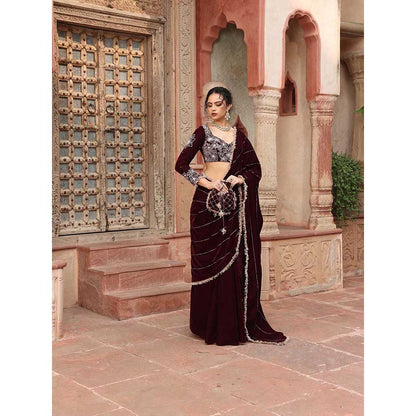 Ajiesh Oberoi Wine Pre-Draped Saree with Stitched Blouse