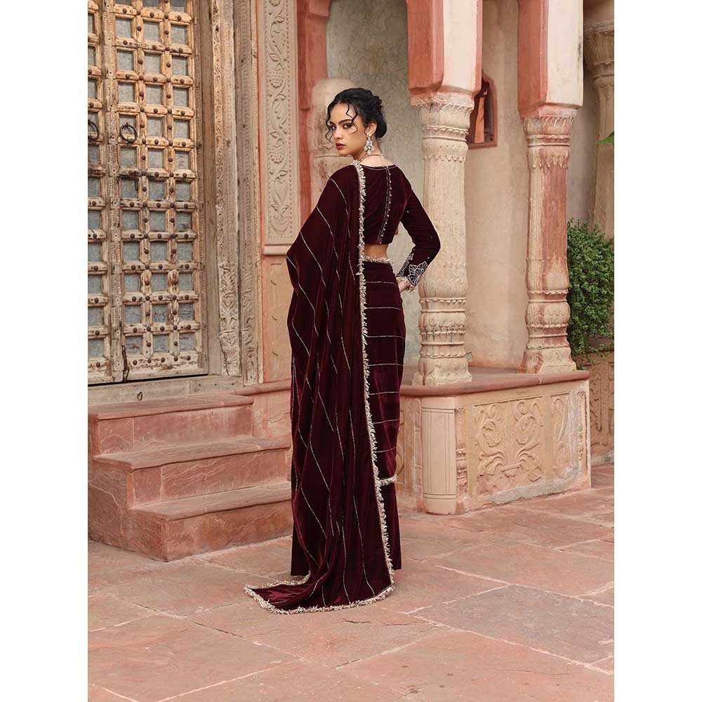 Ajiesh Oberoi Wine Pre-Draped Saree with Stitched Blouse