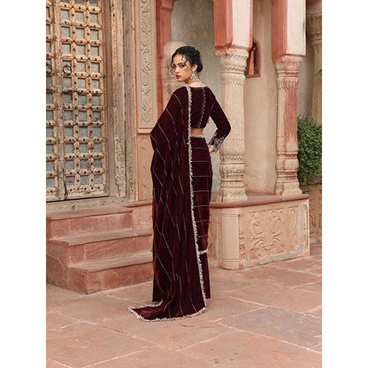 Ajiesh Oberoi Wine Pre-Draped Saree with Stitched Blouse