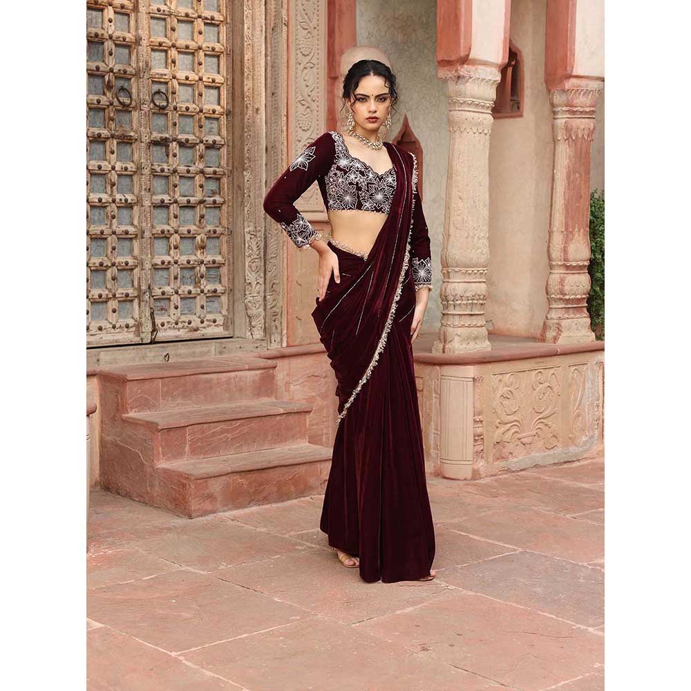Ajiesh Oberoi Wine Pre-Draped Saree with Stitched Blouse