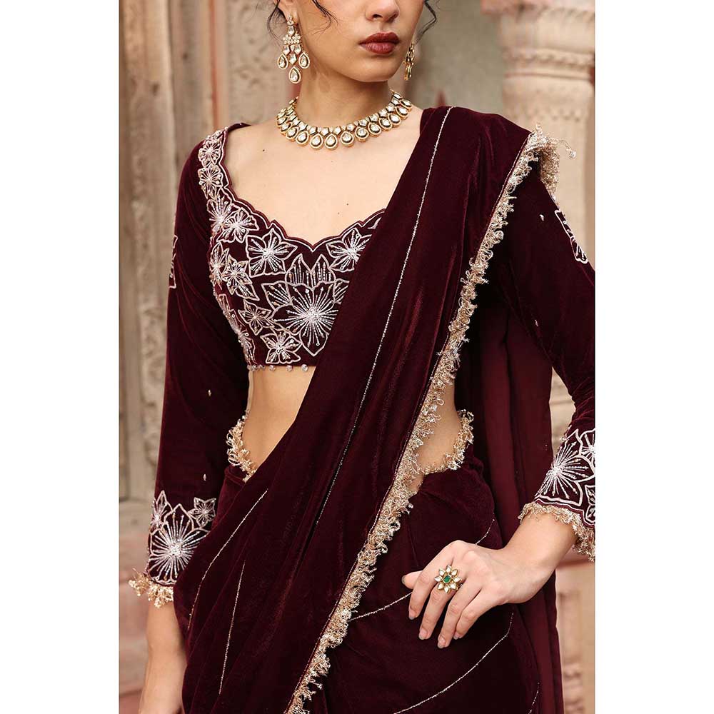 Ajiesh Oberoi Wine Pre-Draped Saree with Stitched Blouse
