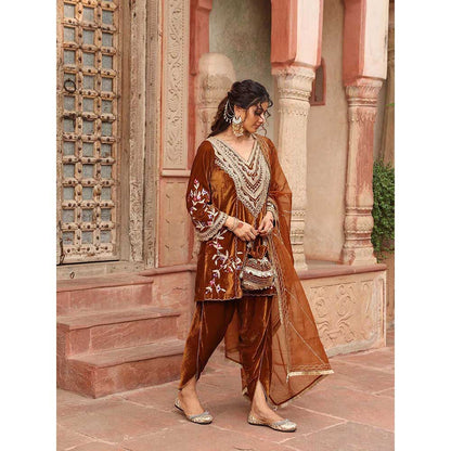 Ajiesh Oberoi Honey Gold Dhoti with Short Kurta and Dupatta (Set of 3)