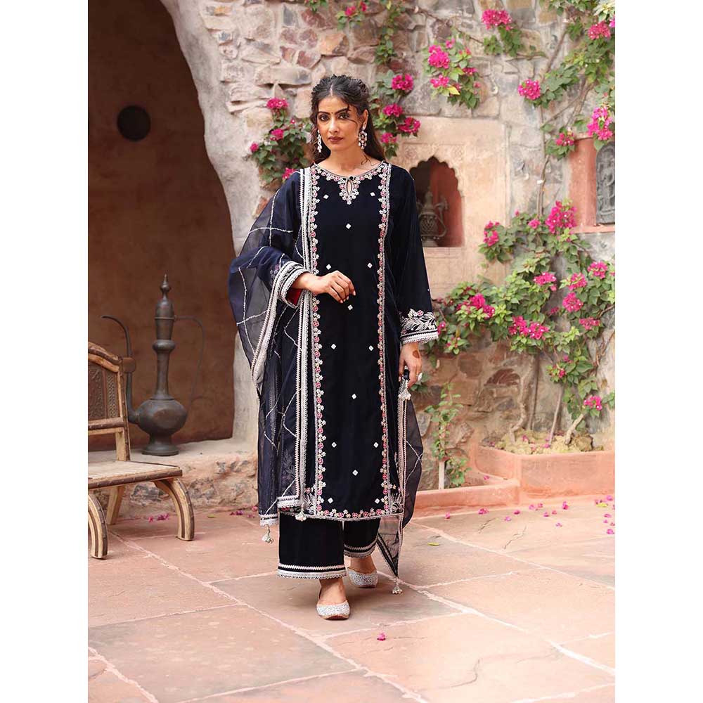 Ajiesh Oberoi Navy Blue Kurta with Palazzo and Dupatta (Set of 3)