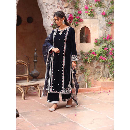Ajiesh Oberoi Navy Blue Kurta with Palazzo and Dupatta (Set of 3)