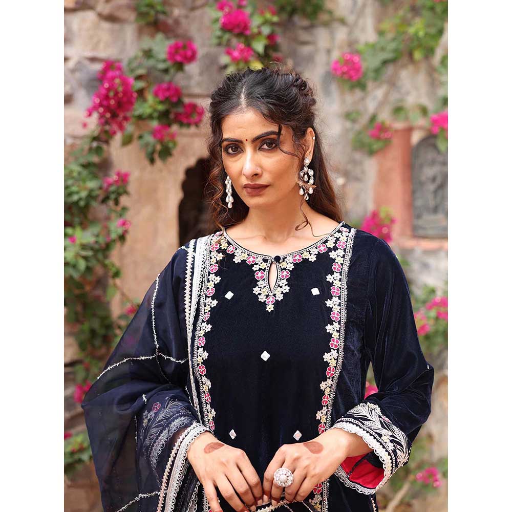 Ajiesh Oberoi Navy Blue Kurta with Palazzo and Dupatta (Set of 3)