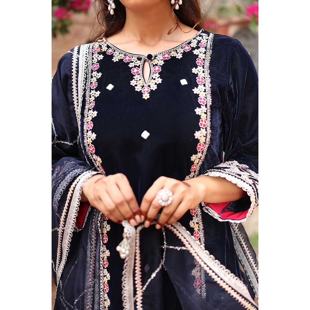 Ajiesh Oberoi Navy Blue Kurta with Palazzo and Dupatta (Set of 3)