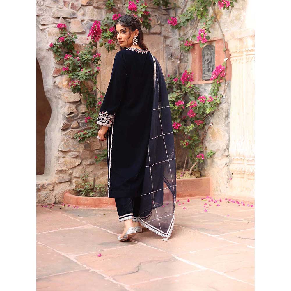 Ajiesh Oberoi Navy Blue Kurta with Palazzo and Dupatta (Set of 3)