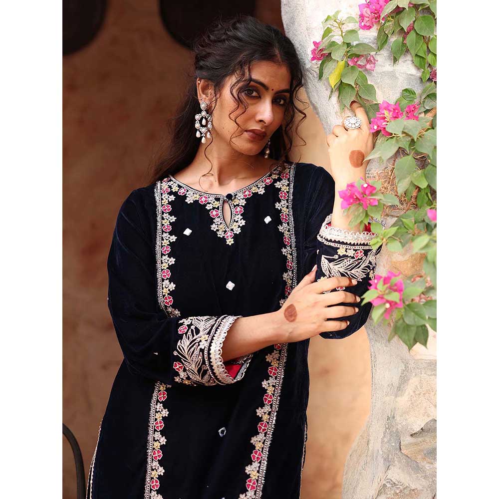 Ajiesh Oberoi Navy Blue Kurta with Palazzo and Dupatta (Set of 3)