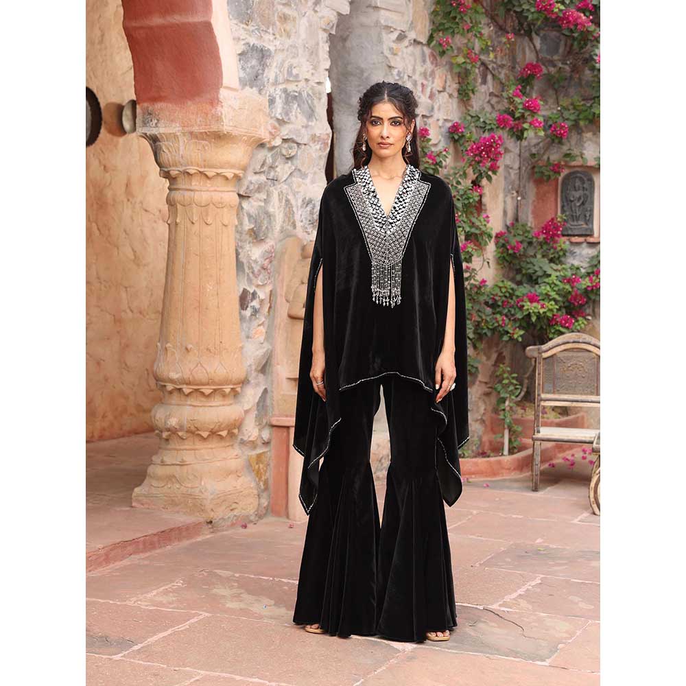 Ajiesh Oberoi Black Cape Sleeve Top with Sharara (Set of 2)