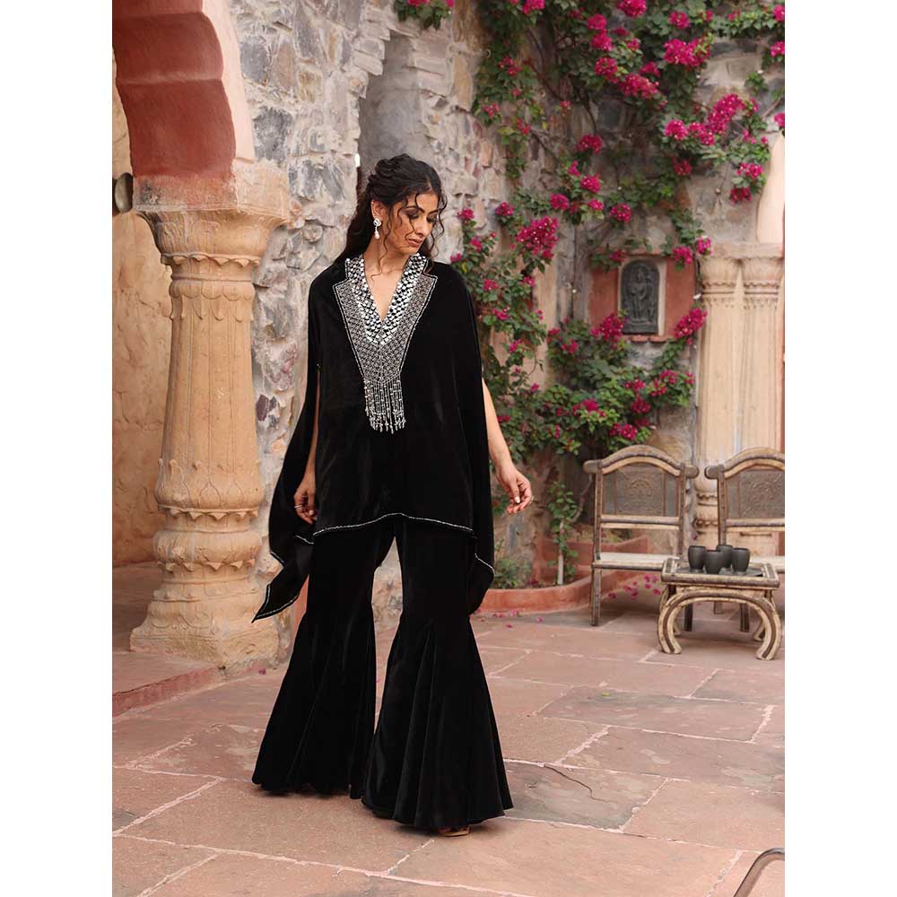Ajiesh Oberoi Black Cape Sleeve Top with Sharara (Set of 2)