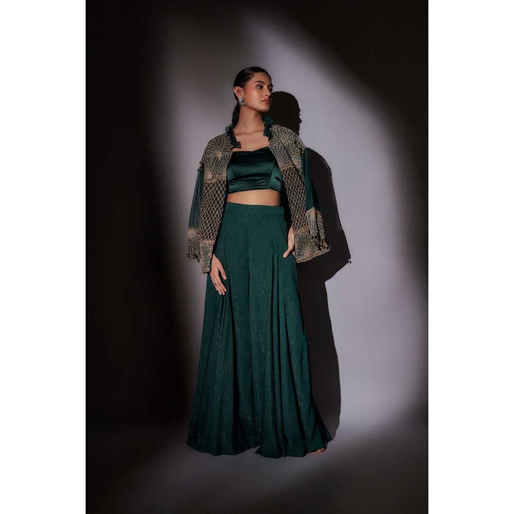 Ajiesh Oberoi Green Embroidered Jacket with Bustier and Palazzo (Set of 3)