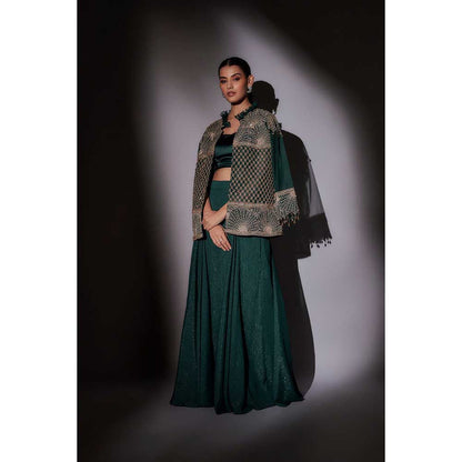 Ajiesh Oberoi Green Embroidered Jacket with Bustier and Palazzo (Set of 3)