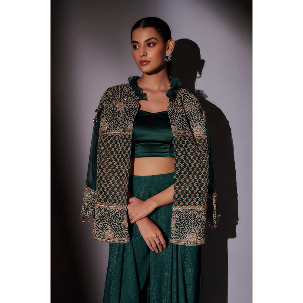 Ajiesh Oberoi Green Embroidered Jacket with Bustier and Palazzo (Set of 3)