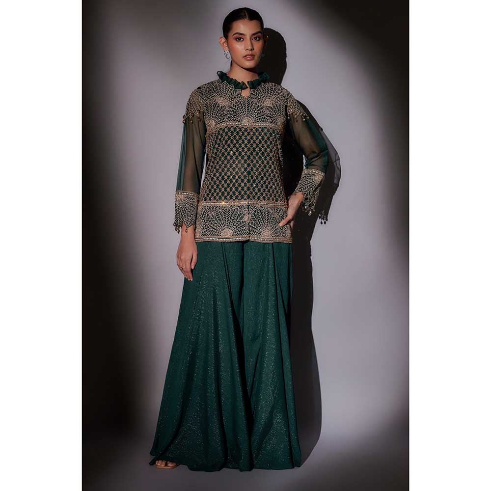 Ajiesh Oberoi Green Embroidered Jacket with Bustier and Palazzo (Set of 3)
