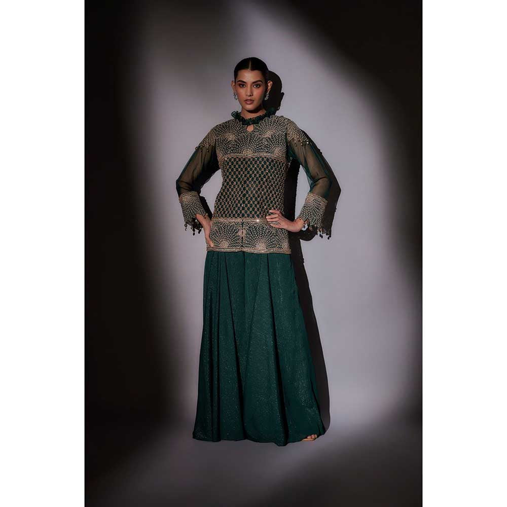 Ajiesh Oberoi Green Embroidered Jacket with Bustier and Palazzo (Set of 3)