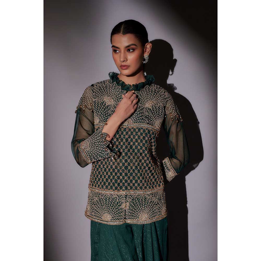 Ajiesh Oberoi Green Embroidered Jacket with Bustier and Palazzo (Set of 3)