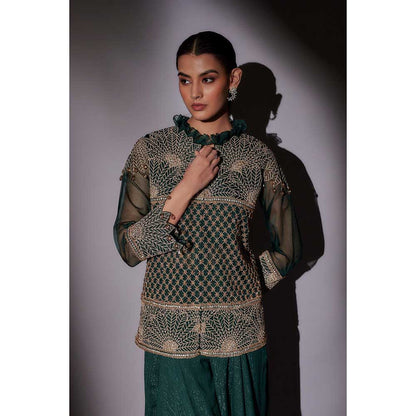 Ajiesh Oberoi Green Embroidered Jacket with Bustier and Palazzo (Set of 3)