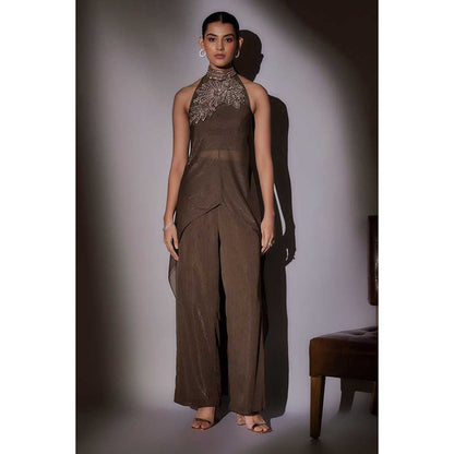 Ajiesh Oberoi Brown Myra Halter Neckband Bustier with Cape and Pant (Set of 3)