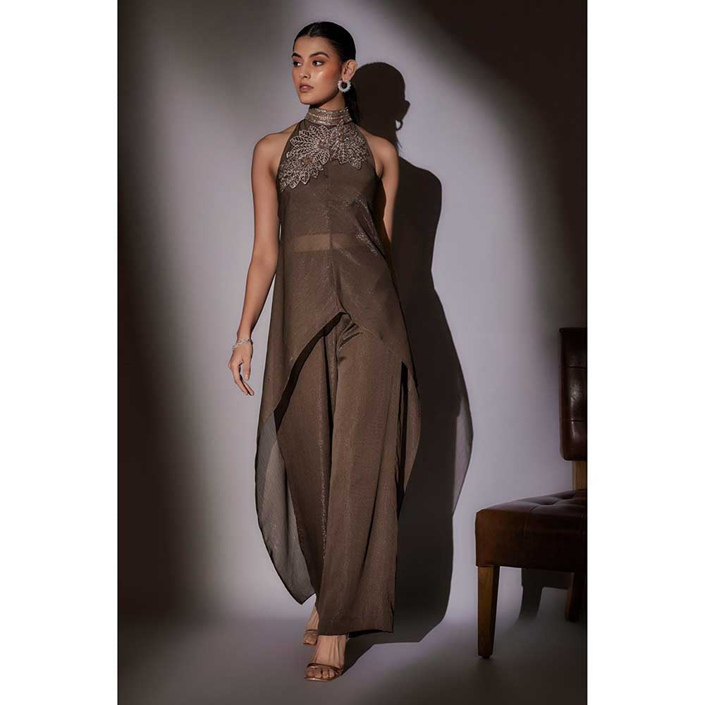 Ajiesh Oberoi Brown Myra Halter Neckband Bustier with Cape and Pant (Set of 3)