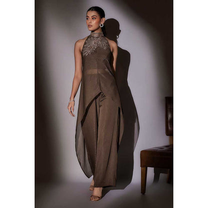 Ajiesh Oberoi Brown Myra Halter Neckband Bustier with Cape and Pant (Set of 3)
