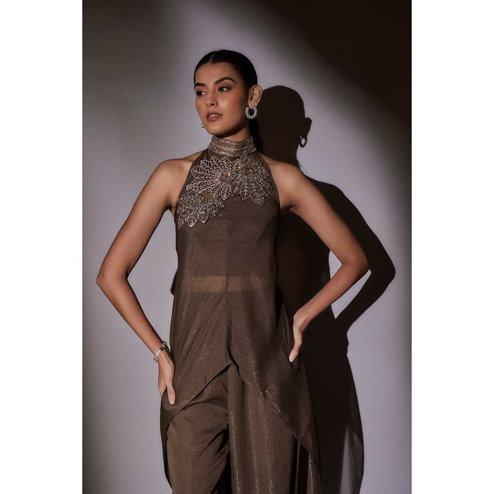 Ajiesh Oberoi Brown Myra Halter Neckband Bustier with Cape and Pant (Set of 3)