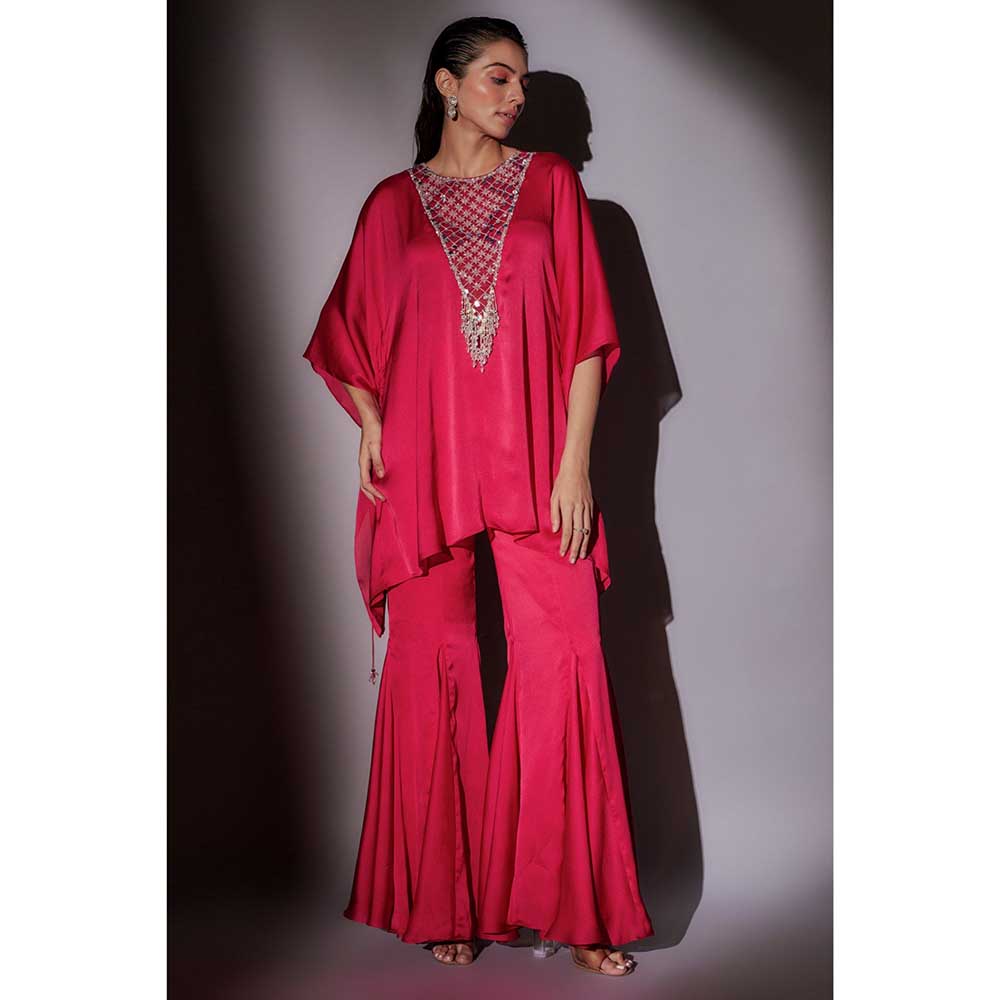 Ajiesh Oberoi Pink Flora Short Kaftan with Flared Sharara (Set of 2)