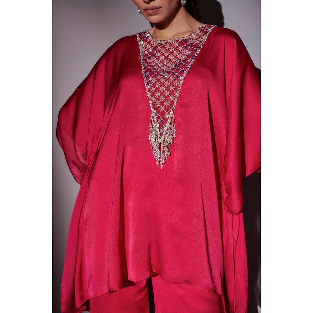 Ajiesh Oberoi Pink Flora Short Kaftan with Flared Sharara (Set of 2)