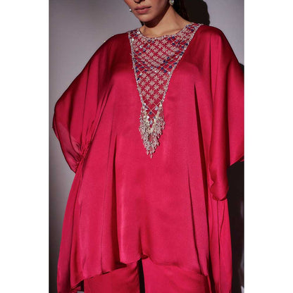 Ajiesh Oberoi Pink Flora Short Kaftan with Flared Sharara (Set of 2)