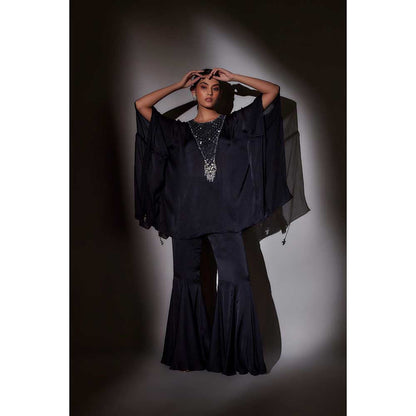 Ajiesh Oberoi Navy Blue Flora Short Kaftan with Flared Sharara (Set of 2)