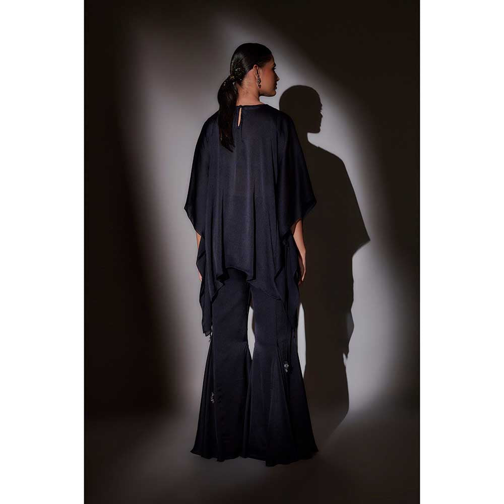 Ajiesh Oberoi Navy Blue Flora Short Kaftan with Flared Sharara (Set of 2)