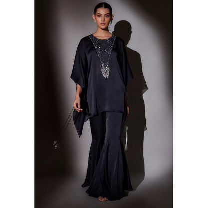 Ajiesh Oberoi Navy Blue Flora Short Kaftan with Flared Sharara (Set of 2)