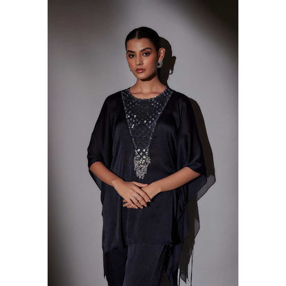 Ajiesh Oberoi Navy Blue Flora Short Kaftan with Flared Sharara (Set of 2)