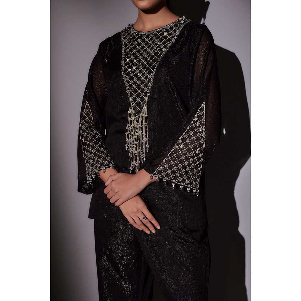 Ajiesh Oberoi Black Emily Front Neck Embroidered Co-Ord (Set of 2)