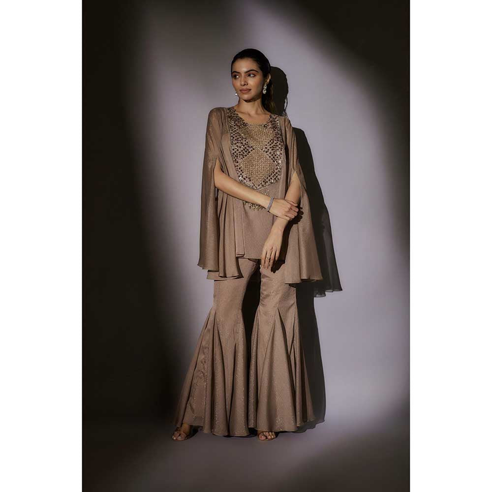 Ajiesh Oberoi Beige Bella Sheer Cape with Bustier and Flared Sharara (Set of 3)