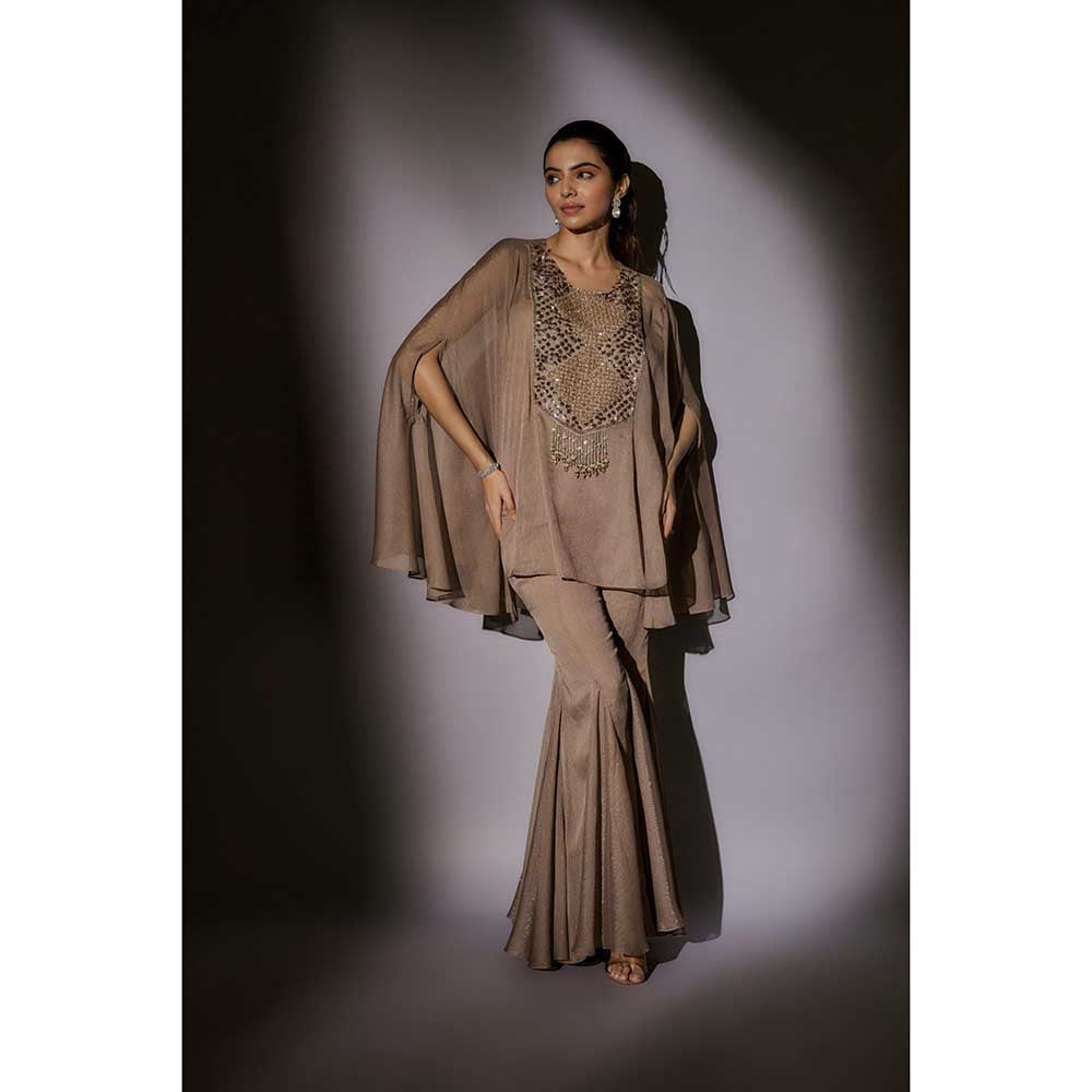 Ajiesh Oberoi Beige Bella Sheer Cape with Bustier and Flared Sharara (Set of 3)