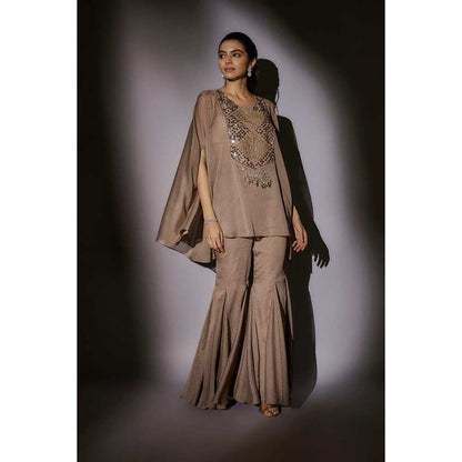 Ajiesh Oberoi Beige Bella Sheer Cape with Bustier and Flared Sharara (Set of 3)