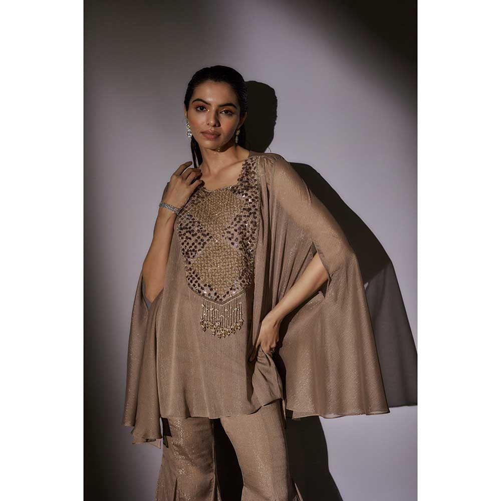 Ajiesh Oberoi Beige Bella Sheer Cape with Bustier and Flared Sharara (Set of 3)