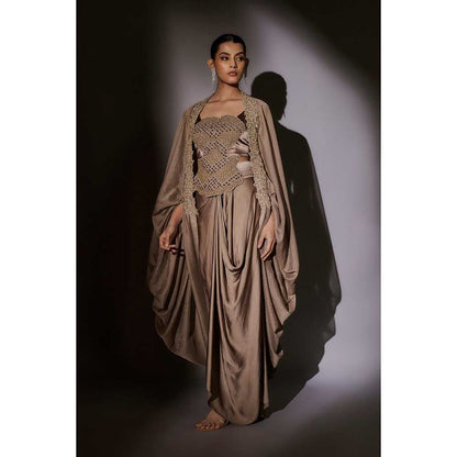 Ajiesh Oberoi Beige Heavy Hand Embroidered Top with Cape and Skirt (Set of 3)