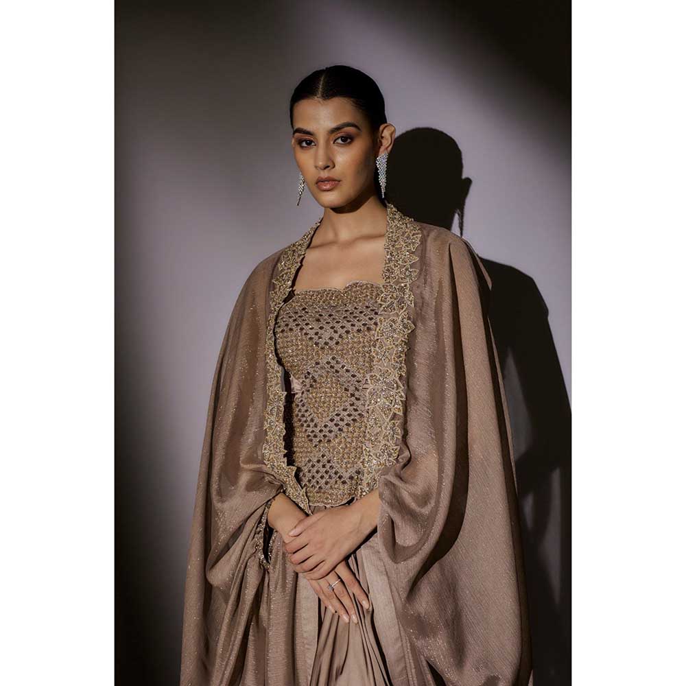 Ajiesh Oberoi Beige Heavy Hand Embroidered Top with Cape and Skirt (Set of 3)