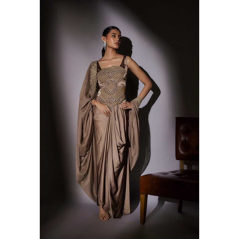 Ajiesh Oberoi Beige Heavy Hand Embroidered Top with Cape and Skirt (Set of 3)