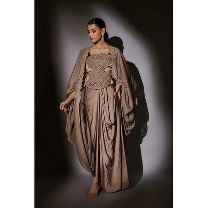 Ajiesh Oberoi Beige Heavy Hand Embroidered Top with Cape and Skirt (Set of 3)