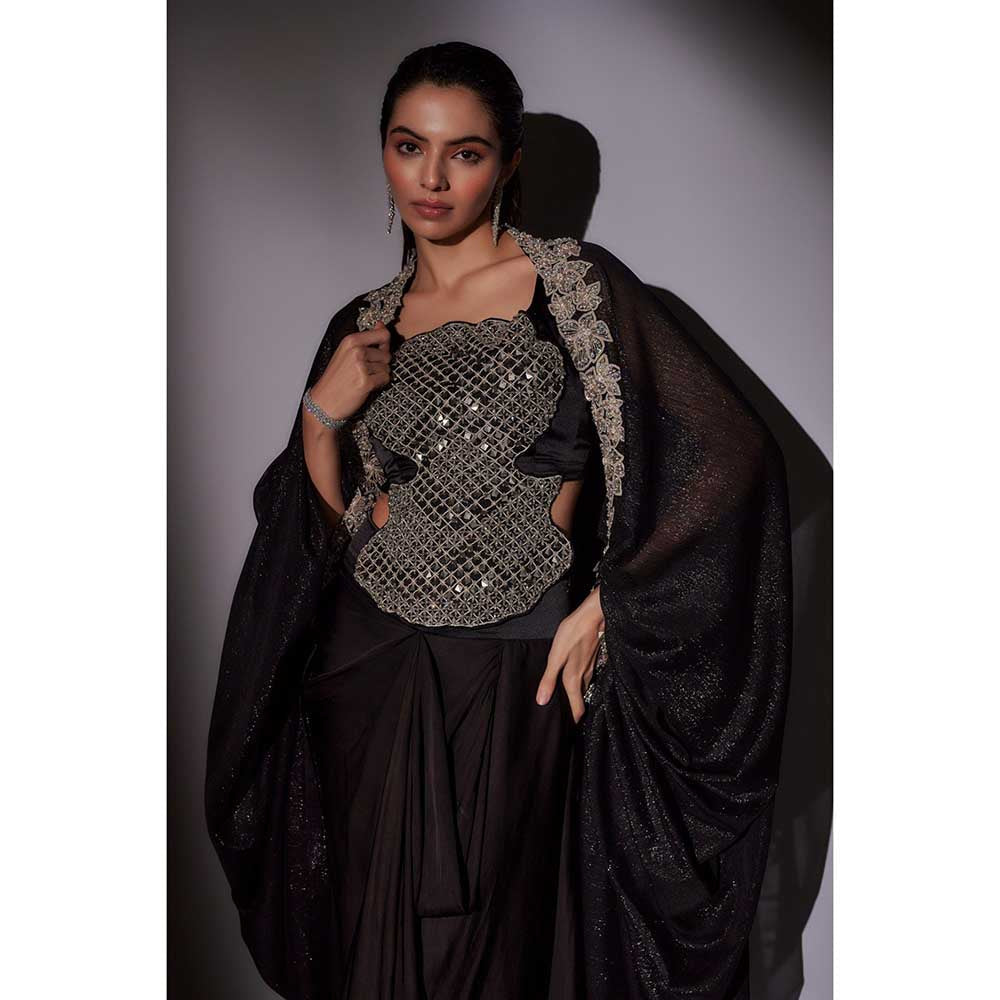 Ajiesh Oberoi Black Heavy Hand Embroidered Top with Cape and Skirt (Set of 3)