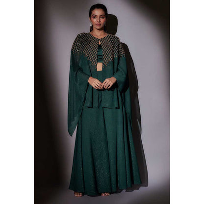 Ajiesh Oberoi Green Hand Embroidered Cape with Bustier and Palazzo (Set of 3)
