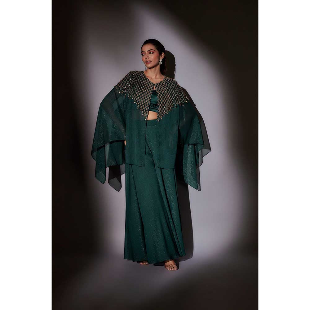 Ajiesh Oberoi Green Hand Embroidered Cape with Bustier and Palazzo (Set of 3)